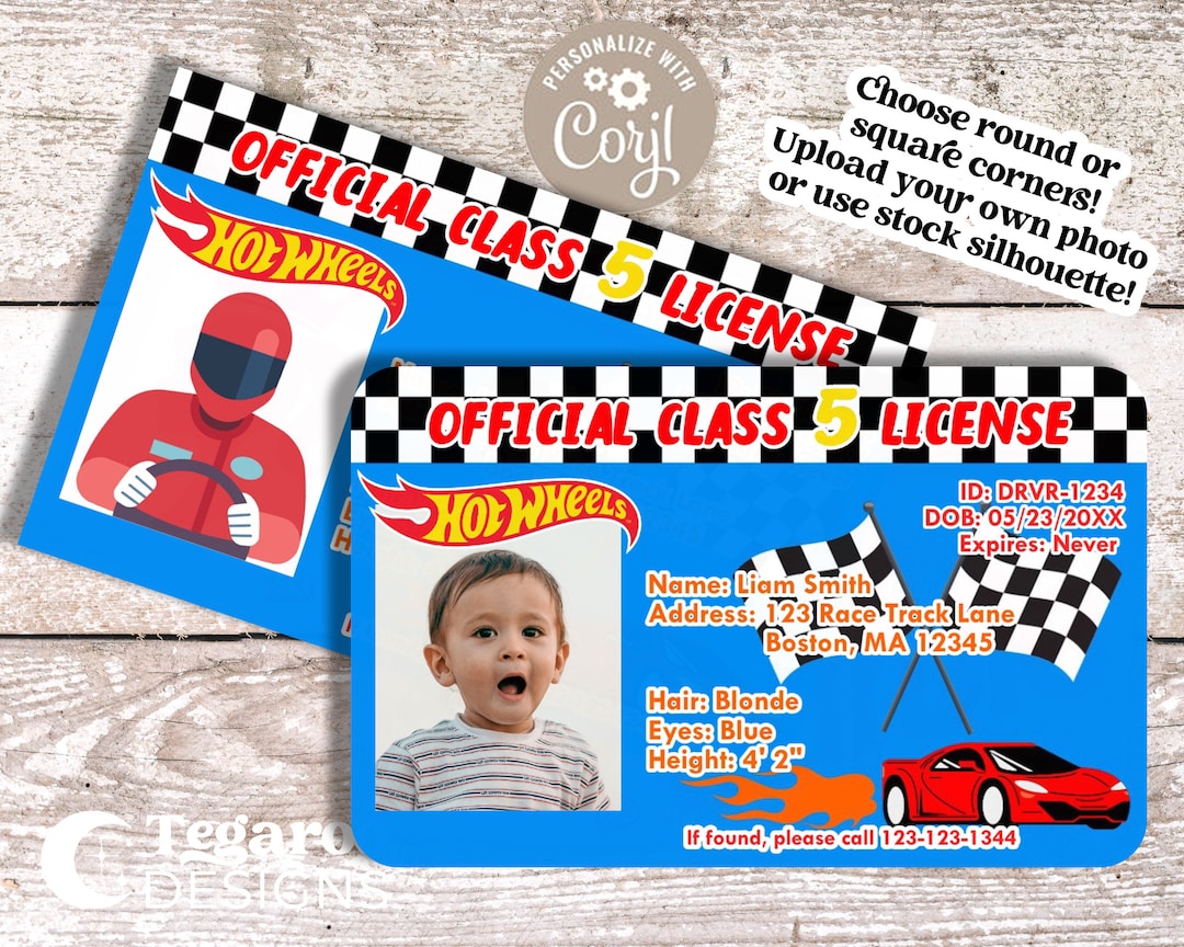 Personalized Race Car License Hot Wheels Drivers License Kids License