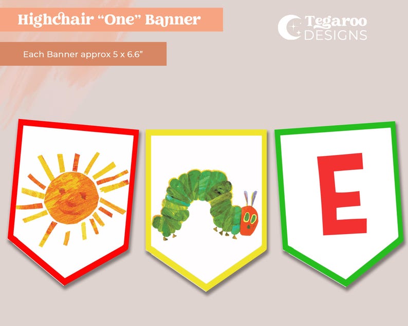 Peut inclure: Ensemble de banni&egrave;res en forme de fanions. Le premier fanion pr&eacute;sente un soleil jaune avec un bord rouge. Le second affiche une chenille verte avec un bord jaune. Le troisi&egrave;me montre la lettre &laquo; E &raquo; avec un bord vert. Chaque banni&egrave;re mesure environ 12,7 x 16,8 cm.