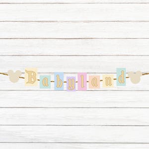 May include: A pastel colored banner with the word "Babyland" spelled out on it. The banner is strung with a brown twine and has two white mouse ears on either end.