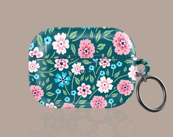 Personalized Pink Floral AirPods 1/2/3 Pro Case | Custom Apple Air Pods with Round Carabiner Keychain | Colorful Retro Floral Airpods Case