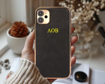 Monogram Personalized Suede Leather iPhone 15 Pro Max,15 Pro,15 Plus Case Cover, Customized Initial Phone Case, iPhone 14,13,12,11 Cover