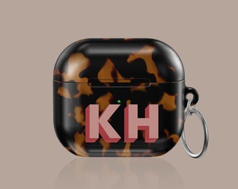 Tortoise Custom Large Monogram Initial Air Pods 1/2/3 Pro Case with Carabiner Keychain | Personalized Hard Plastic Apple Airpods Case
