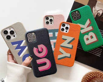Monogrammed Large Initial Pebble Leather iPhone 14 Case, Personalized iPhone 13/12/11 Pro Max Case Cover