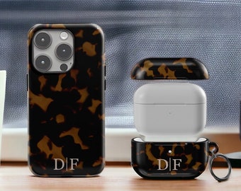 Customized Tortoise Monogram iPhone & AirPods 1/2/3 Pro Case | Personalised iPhone 14,13,12,11,Pro Max,Pro,Plus Case with Initial