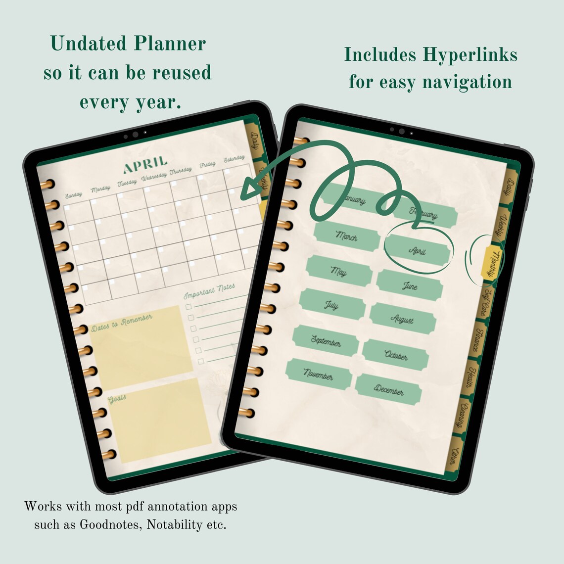 Undated Hyperlinked Digital Planner for Goodnotes, Notability, on iPad ...
