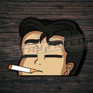 May include: A cartoon illustration of a man with black hair and a mustache, wearing a white shirt, smoking a cigarette. He has a tired expression on his face and his eyes are closed.