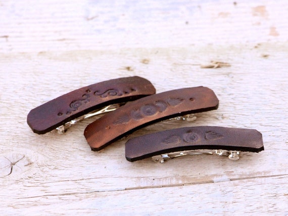 Set of three small hair clips, rustic brown leather barrettes with metal clip
