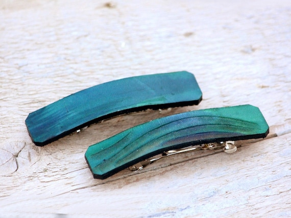 Set of two small leather hair clips, tooled teal french barrettes