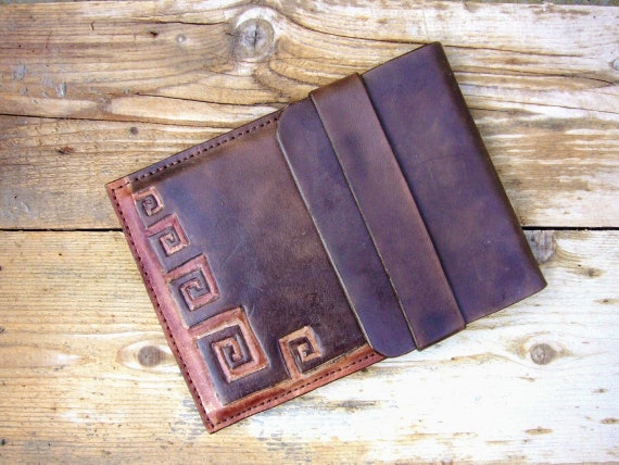 Rustic leather case for tablet or iPad, tooled tablet case made of veg tanned leather
