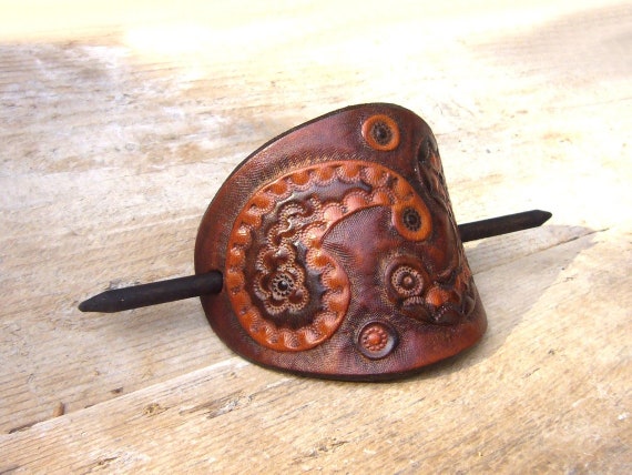 Large leather barrette, boho hair accessory tooled with paisley ornament, hippie bun holder, leather hair slide