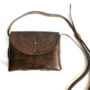 Tooled leather purse, women's small leather shoulder bag, rustic brown crossbody purse