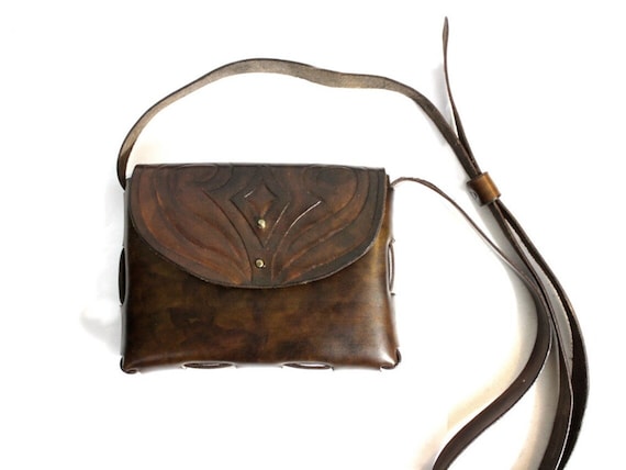 Tooled leather purse, women's small leather shoulder bag, rustic brown crossbody purse