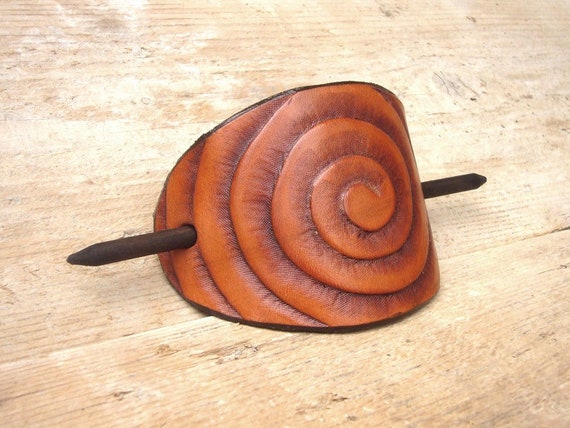 Large leather hair slide with tooled spiral, handmade hair stick barrette in light brown