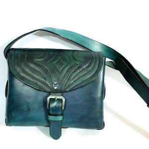 Small leather purse, tooled leather crossbody bag in vibrant teal and turquoise