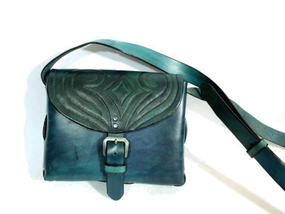 Small leather purse, tooled leather crossbody bag in vibrant teal and turquoise