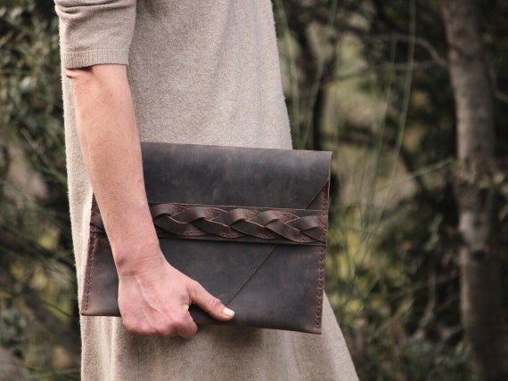 Large distressed leather clutch, dark brown boho leather purse with braided detail