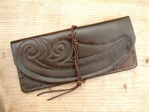 Rustic leather pencil case, tooled leather case for tools and pens