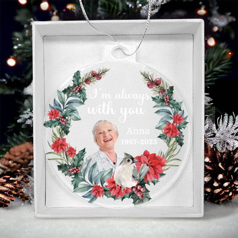 Personlig akrylprydnad, julklappsprydnad, anpassad fotoprydnad, namn- och datumprydnad, unik julprydnad, minnesprydnad bild 7