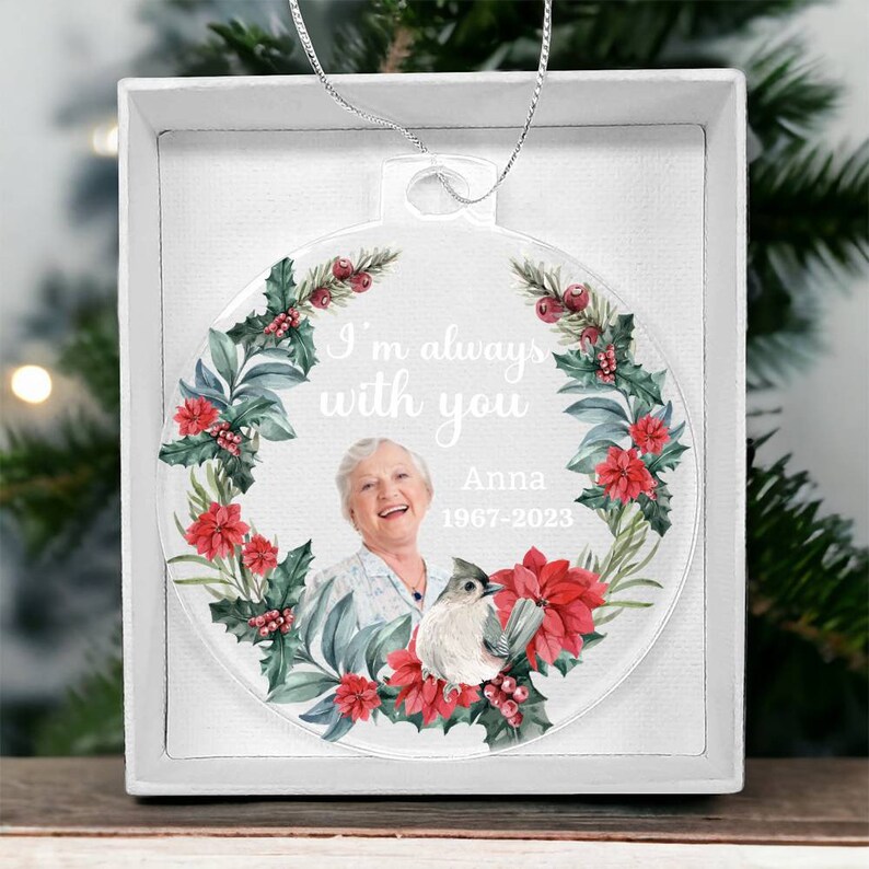 Personlig akrylprydnad, julklappsprydnad, anpassad fotoprydnad, namn- och datumprydnad, unik julprydnad, minnesprydnad bild 3
