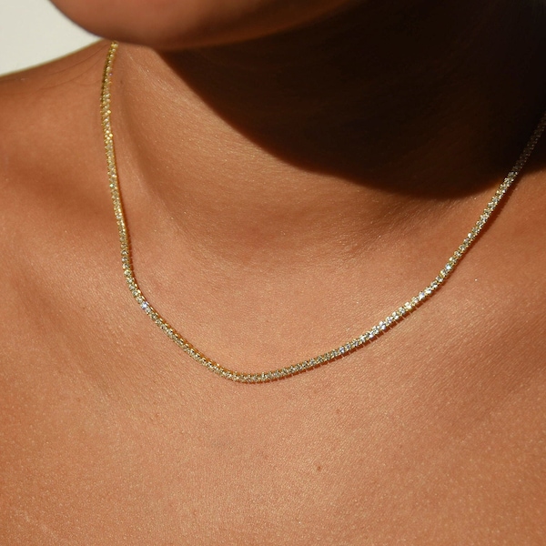 2mm Diamond Tennis Necklace・Sterling Silver and Gold Plated Necklace・Dainty Minimalistic Necklace・Pavé Cubic Zirconia Necklace・Gift For Her