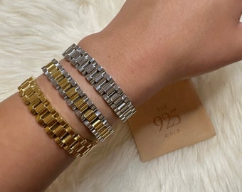 18k Gold Plated Watch Band Bracelet | Silver and Gold Chunky Chain Bracelet | Stainless Steel and 18k Gold Plated Presidential Bracelet