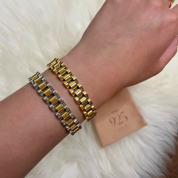 18k Gold Plated Two Tone Watch Band Bracelet | Silver and Gold Chunky Chain Bracelet | Stainless Steel and 18k Gold Plated Bracelet