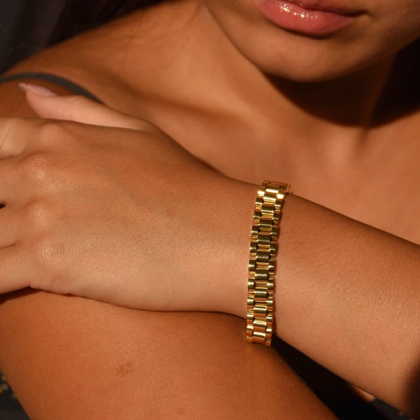 18k Gold Plated Watch Band Bracelet・Gold Chunky Chain Bracelet・Stainless Steel and 18k Gold Plated Bracelet