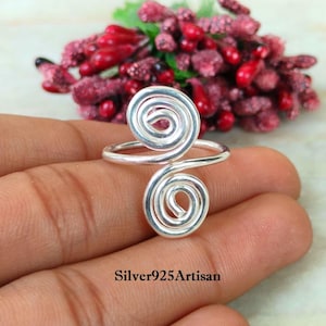 Sterling Silver Double Spiral Ring - Adjustable Boho Statement Ring