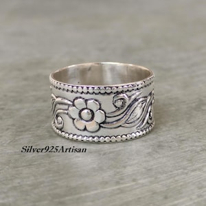 Anello con fiore in argento sterling: anello per il pollice in stile boho fatto a mano con fascia larga