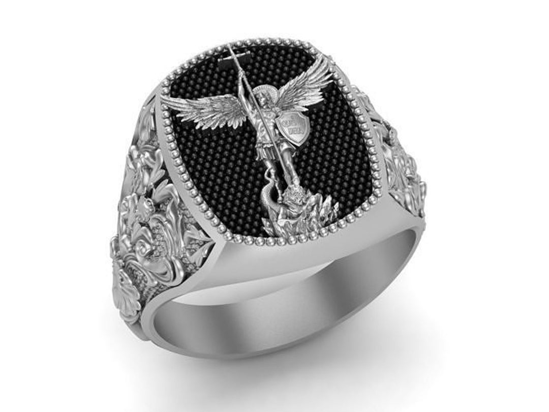 St Michael the Archangel, Sterling Silver Square Ring, Mens