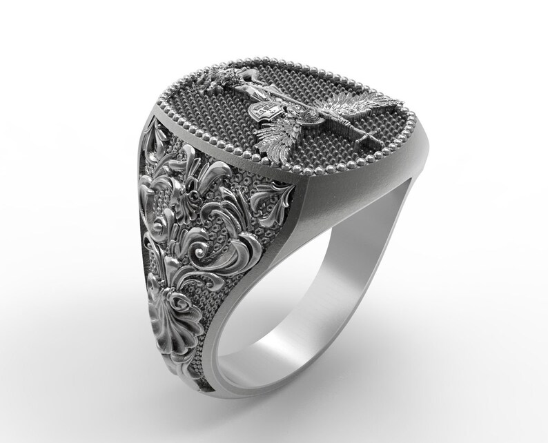 St Michael the Archangel, Sterling Silver Square Ring, Mens