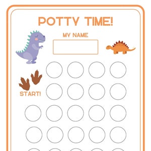 May include: A printable potty training chart with a dinosaur theme. The chart has a space for a child's name, a start section with dinosaur footprints, and a reward section with a dinosaur. There are 20 circles to color in as a child progresses.
