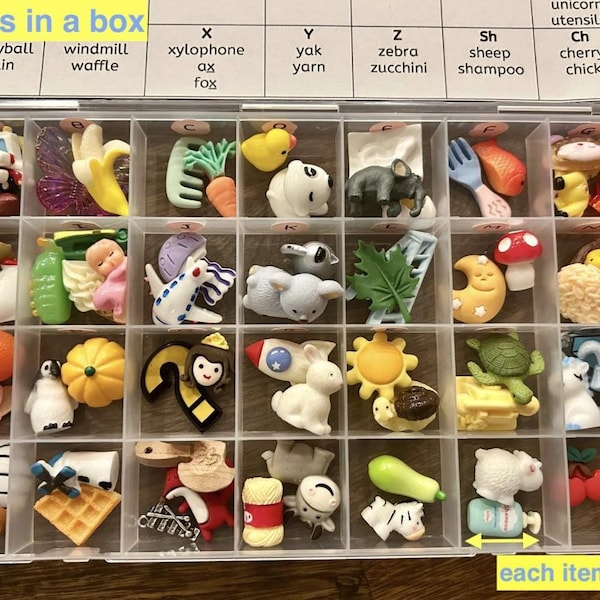 Montessori language objects ABC miniatures trinkets box set - Alphabet Letter Sounds - Phonics - I Spy - sensory bin - preschool, homeschool