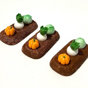 May include: Three miniature garden beds with a brown, textured base. Each bed features a small orange pumpkin, a white radish, and a green cabbage. The miniature vegetables are arranged on a white background.