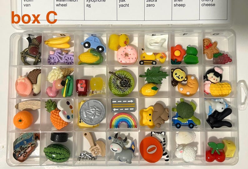 Puede incluir: Un contenedor de almacenamiento de pl&aacute;stico transparente con veintiocho compartimentos llenos de varios dijes de resina en miniatura, incluyendo frutas, animales, veh&iacute;culos y alimentos. La tapa presenta una cuadr&iacute;cula impresa con el texto box C.