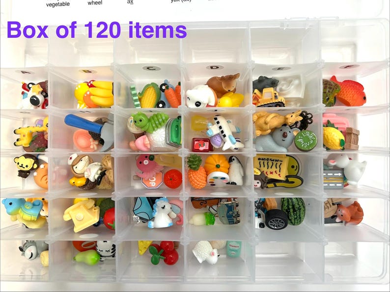 Puede incluir: Una caja de almacenamiento de pl&aacute;stico transparente con 120 art&iacute;culos en miniatura organizados en compartimentos individuales. La colecci&oacute;n incluye varias figuras peque&ntilde;as de pl&aacute;stico, alimentos, animales, veh&iacute;culos y objetos, etiquetados de la A a la F.