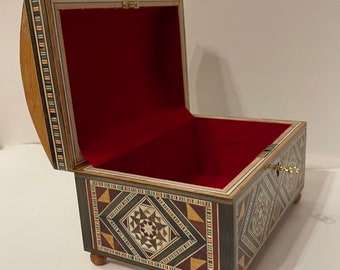 Handmade Mosaic Wooden Jewelry Box: Pearl Inlay, Red Velvet Interior