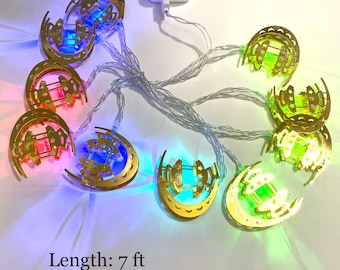 Eid Ramadan Lights: Gold Crescent Moon, Multi Color Lights