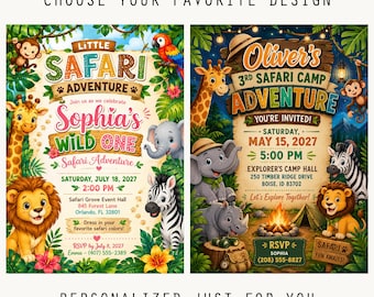 Può includere: Due biglietti d'invito rettangolari a tema safari con animali dei cartoni animati come leoni, giraffe, scimmie e zebre. Il biglietto a sinistra riporta Little Safari Adventure Sophia's Wild One, quello a destra Oliver's 3rd Safari Camp Adventure.