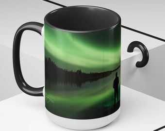 Aurora Borealis-Black Coffee Mug 15oz, Northern Lights, Canada Alaska, Norway, Iceland, Scandinavia, Colorful Skies Two-Tone