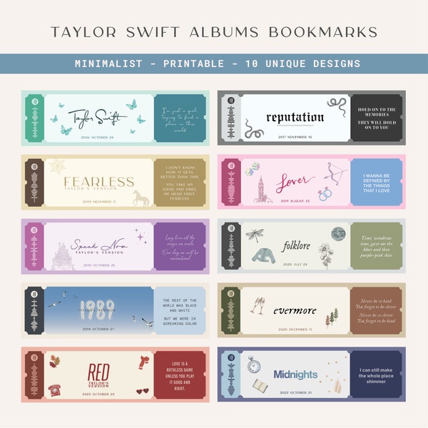 Marque-pages albums Taylor Swift Eras - minimaliste - billet vintage - téléchargement imprimable instantané - 10 modèles uniques - cadeau pour les fans / cadeau