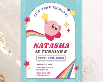 Retro Kirby Birthday Invitation: Editable Canva Template (Instant Download)