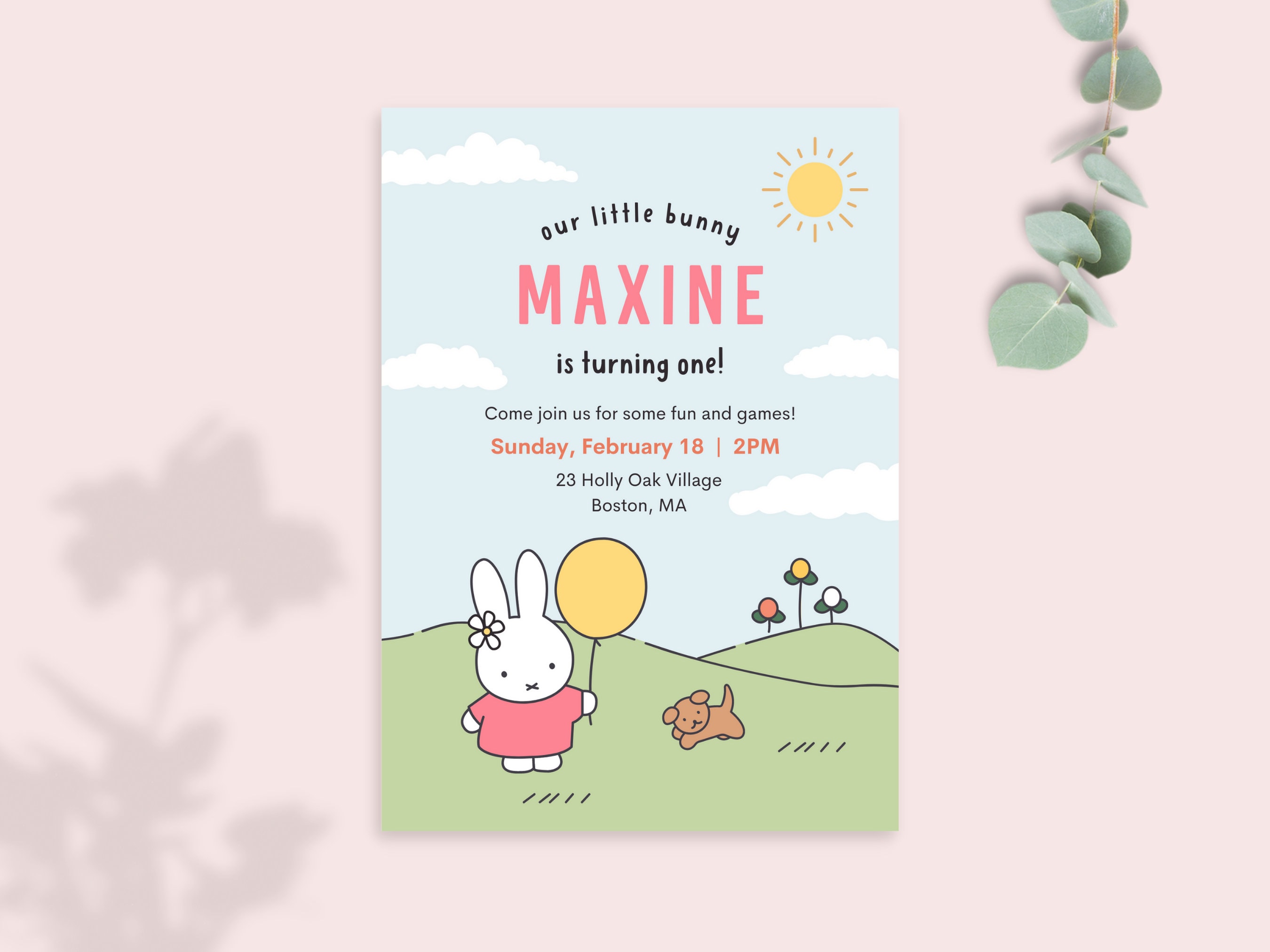 Miffy First Birthday Party Invitation Template - Fully Editable on Canva - Instant Download