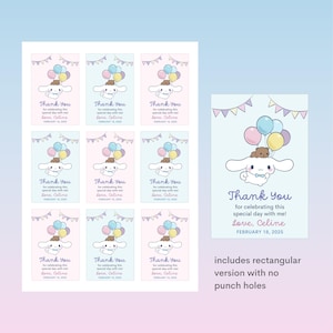 May include: A sheet of pastel-coloured thank you cards featuring a cartoon character holding balloons. Each card has the text "Thank You" and a personalised message. The date "FEBRUARY 18, 2025" is also included.
