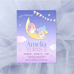 Kawaii Twins Birthday Party Invitation Canva Template - Instant Download