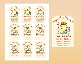 Kawaii Dog and Friends Birthday Party Favors Thank You Label Tags - Editable and Printable Canva Template - Instant Download