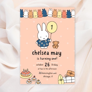 Modelo de convite de festa de aniversário clássico Miffy - totalmente editável no Canva - download instantâneo
