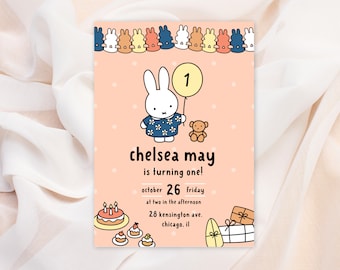 Miffy Classic Birthday Party Invitation Template - Fully Editable on Canva - Instant Download