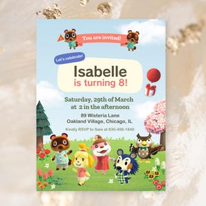 Plantilla de invitación para fiesta de cumpleaños de Animal Crossing: descarga instantánea, editable en Canva, 6 x 8 pulgadas