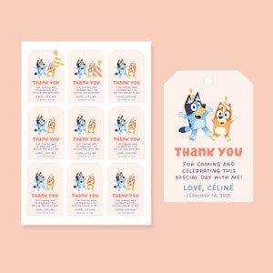 Bluey Children's Birthday Party Favors Thank You Label Tags Editable and Printable Canva Template Instant Download image 1